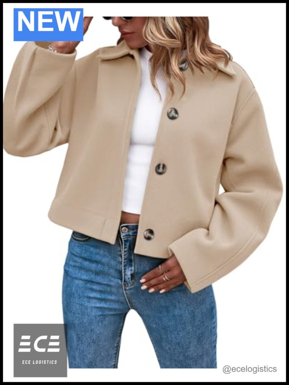 Cropped Wool Blend Pea Coat Button Down Long Sleeve